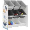 Regál sivý biely vesmír, plastové boxy, organizér na hračky pre deti