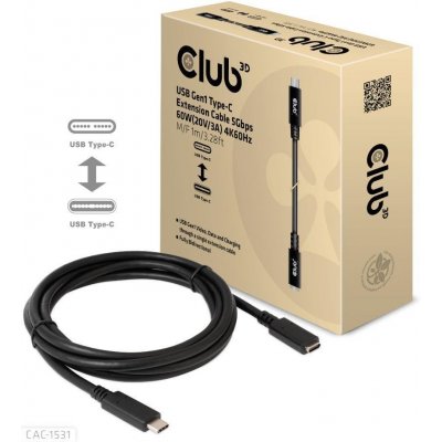 Club3D CAC-1531 USB-C, 5Gbps, 60W(20V/3A), 4K60Hz (M/F), 1m