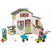Set domček Priateľov a fúrik s kosačkou Friends House Life Smoby rozšíriteľný a kuchynka s elektronickým zvončekom so záhradným náradím