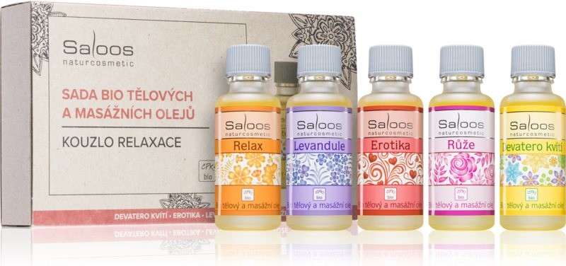 Saloos Magic of Relaxation Erotica Massage Oil 20 ml + Rose Body and Massage Oil 20 ml + Relax Body and Massage Oil 20 ml + Lavender Body and Massage Oil 20 ml + Nine Flowers Body and