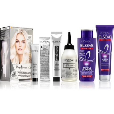 L’Oréal Paris Elseve L'Oréal Paris Préference 9L Ultra Platinum farba na vlasy 1 ks + L'Oréal Paris Elséve Color-Vive Purple šampón neutralizujúci žlté tóny 200 ml + L'Oréal Paris Elséve Color-Vive Pu