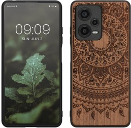 Púzdro kwmobile Drevené s dizajnom indické slnko Xiaomi Redmi Note 12 Pro+ 5G / Note 12 Pro Plus 5G tmavě hnedé