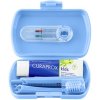Curaprox Kids travel modrý zubná kefka + 2 x medzizubná kefka + CPS zubná pasta mäta 6+ 10 ml + 1 x nálepka darčeková sada