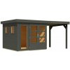 KARIBU LAHAR 3,5 + prístavok 240 cm drevený domček (12486) 463 x 246 cm, terragrau LG4422