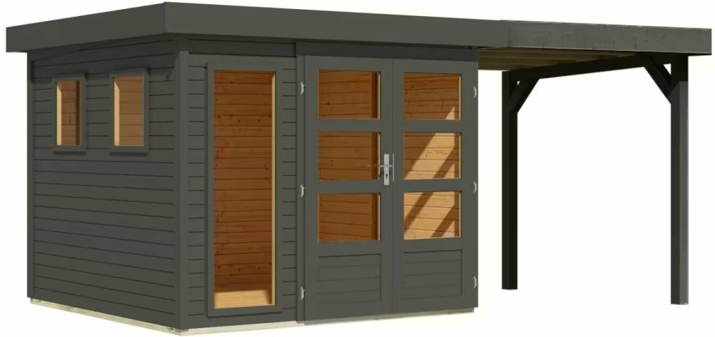 KARIBU LAHAR 3,5 + prístavok 240 cm drevený domček (12486) 463 x 246 cm, terragrau LG4422