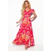Numoco LIDIA dlhé šaty s výstrihom a volánikmi - ružové s kvetmi 310-4 Farba: Ružová, Veľkosť: L