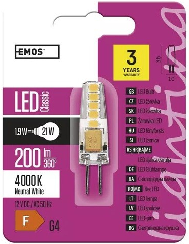 Emos LED žiarovka Classic JC 1,9W 12V G4 neutrálna biela