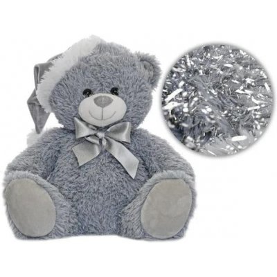 MIKRO - Medveď plyšový 25 cm sivý sediaci s čiapkou a mašľou 35096 - plyšová hračka