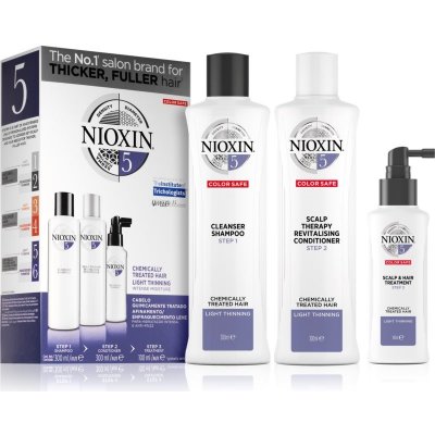 Nioxin System 5 čistiaci šampón pre farbené rednúce vlasy 300 ml + kondicionér pre chemicky ošterené vlasy 300 ml + bezoplachová kúra pre chemicky ošterené vlasy 100 ml