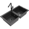 Mexen Mario, 2-komorový granitový drez 820x436x161 mm a drezová batéria Flora, čierna škvrnitá, 6504-76-670401-70-B
