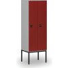 Drevená šatníková skrinka S4 s podnožou, 2 oddiely, 1871 x 600 x 500 mm, demont, RFID zámok, sivá / červená