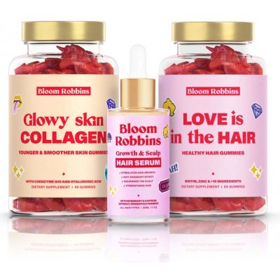 Set Bloom Robbins LOVE is in the HAIR gumíky 60ks + Growth & Scalp HAIR SERUM sérum na rast vlasov 50 ml + COLLAGEN gummies 40ks