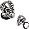 Šperky eshop - Falošný plug z chirurgickej ocele - lebka, čierna gumička F14.14