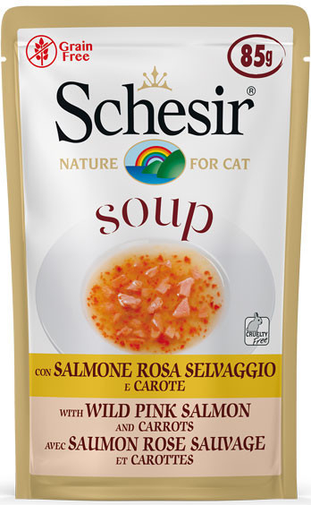 Schesir Cat Soup Divoký ružový losos s mrkvou 85 g