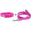 Obojok a vodítko plochý kožený set pre psa ružovej farby Obvod krku:: 30-39cm, šírka obojku: 20mm + vodítko priemer 18mm