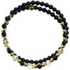 Glosery wrap náramok zdobený krištáľmi Swarovski®, pozlátené korálky z chirurgickej ocele, lesklý čierny achát 4mm Obvod zápästia: M 17 cm