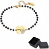 Zlatý náramok Kolík S Kryštálikom Štvorlístok Čierne Korálky Chirurgická Oceľ