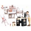 Set domček pre bábiku Large Doll's Play Center Natur D'Amour Baby Nurse Smoby a holičstvo trojkrídlové Barber Shop a skladací kočík golfky