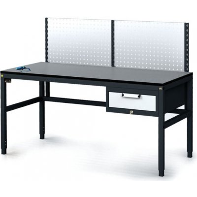 Alfa 3 Antistatický dielenský ESD stôl s perfopanelom, 1 zásuvkový box na náradie, 1600x800x745-985 mm