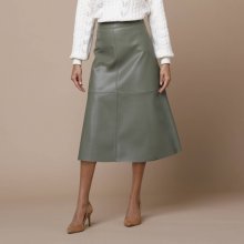 Rozšírená koženková midi sukňa khaki