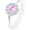 Šperky eshop - Prsteň v striebornej farbe, ružovo-číry zirkónový kvietok, lesklé ramená R43.29 - Veľkosť: 54 mm