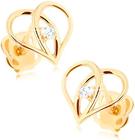 Šperky eshop puzetové náušnice zo zlata kontúra srdca s prekríženými líniami zirkón GG92.01