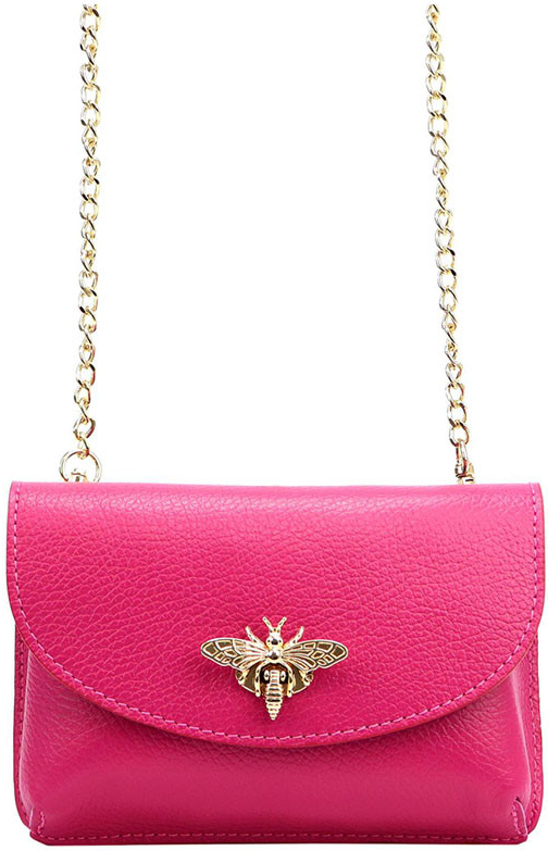 Mini ružová kožená kabelka na retiazku s brošňou 31138