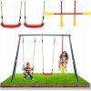 Dvojitá záhradná hojdačka pre deti – 2 samostatné sedadlá + 1 vyvažovacia hojdačka, kovová konštrukcia 290 x 180 x 200 CM červená