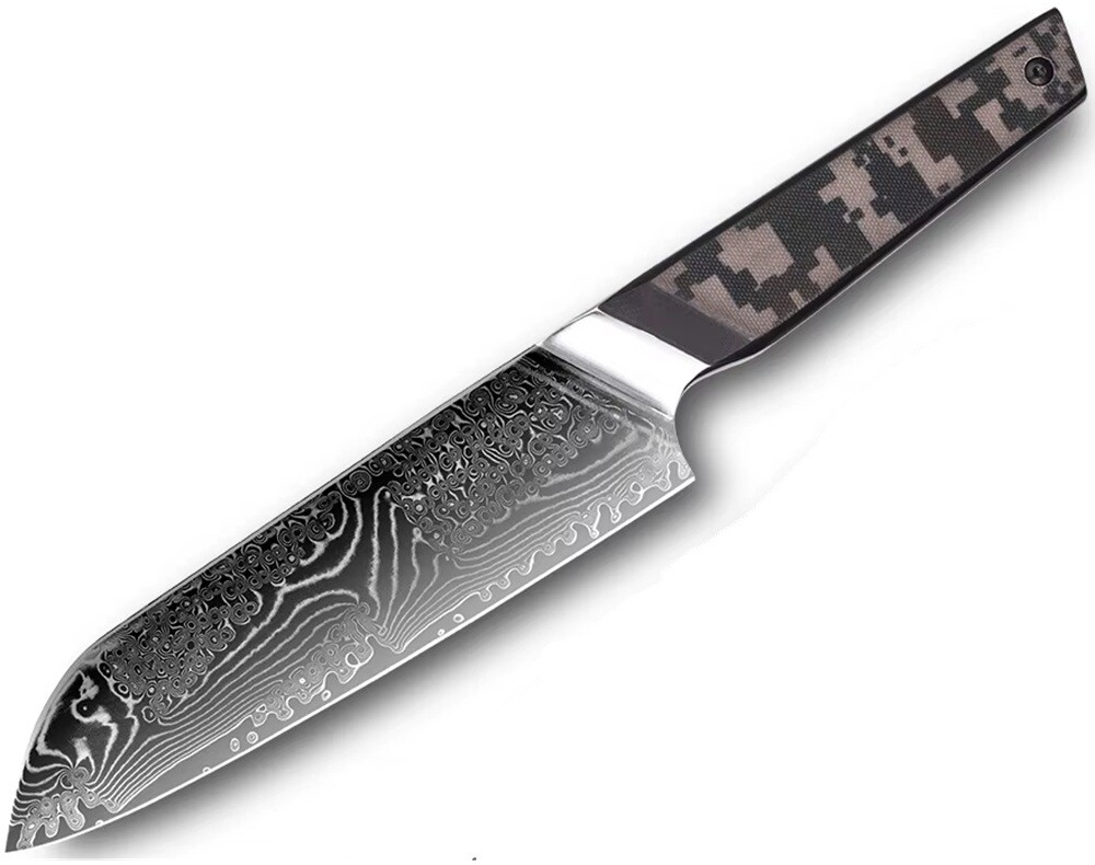 IZMAEL Damaškový kuchynský nôž Takeno Santoku/Čierna/Sivá 17.5 cm