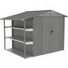 Záhradný plechový domček AMY X-B s regálmi a oknom, sivý