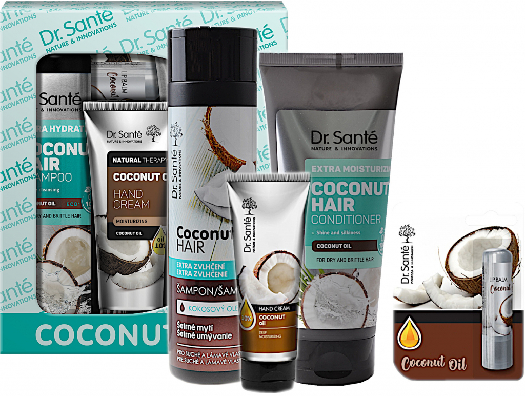 Dr. Santé Coconut šampón s kokosovým olejom 250 ml + kondicionér s kokosovým olejom 200 ml + hydratačný krém na ruky 75 ml + balzam na pery 4 g darčeková sada