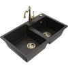 Mexen Tomas, granitový drez 800x500x190 mm, 2-komorový a drezová batéria Carla, čierna-zlatá metalíza, 6516-75-670700-50