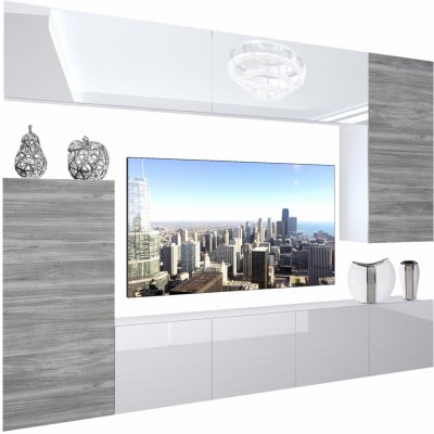 Obývacia stena Belini Premium Full Version biely lesk šedý antracit Glamour Wood LED osvetlenie Nexum 119