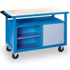 Pojazdný pracovný stôl do dielne GD, smrek + buková preglejka, 1 skrinka, 1 polica, 1190 x 600 x 850 mm, modrá