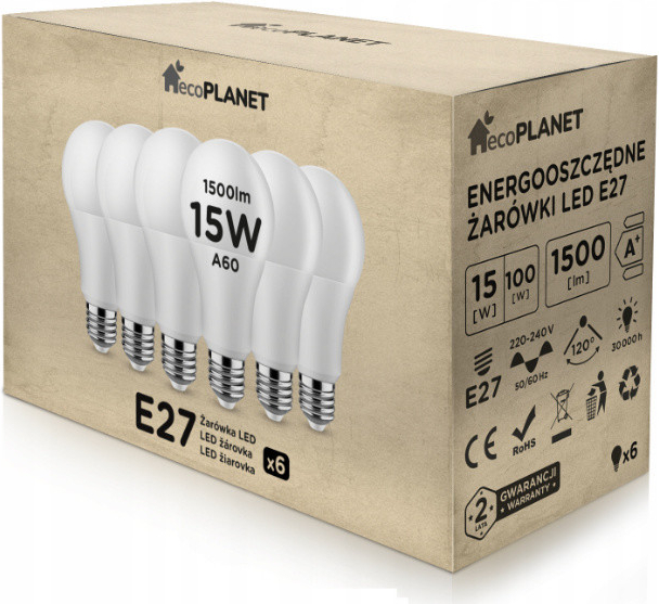 ecoPLANET 6x LED žiarovka E27 A60 15W 1500Lm teplá biela