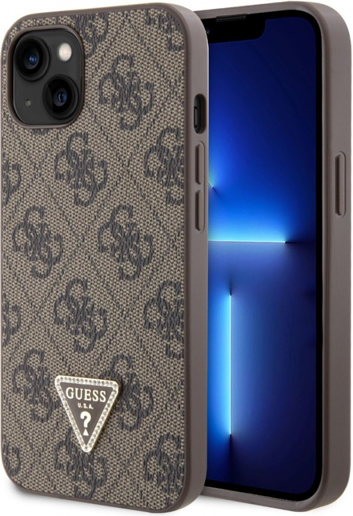 Guess PU 4G Strass Triangle Metal Logo iPhone 15, hnedé