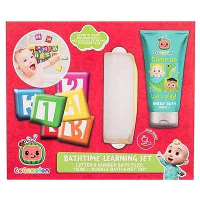 Cocomelon Bathtime Learning Set dárková sada: pěna do koupele 100 ml + kostičky + síťka na kostičky pro děti