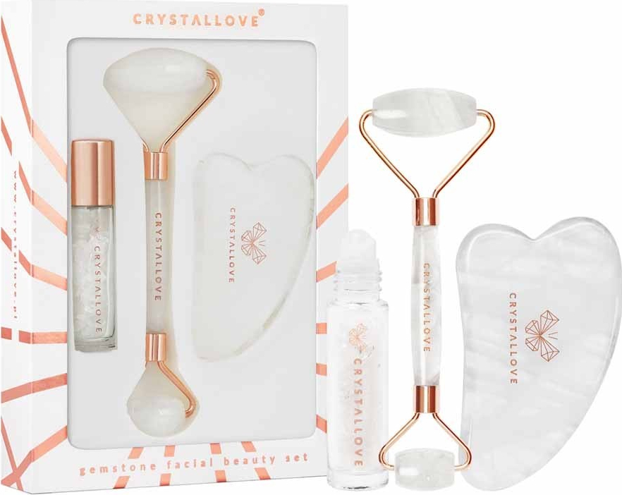 Crystallove Rose Quartz Gua Sha Plate masážna pomôcka + Roller masážny valček na tvár + roll-on s kryštálmi plniteľný 10 ml