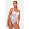 Trendyol abstraktné vzorované plavky s okrúhlym výstrihom s nízkym strihom dozadu pravidelnou nohou šedá fuchsiová