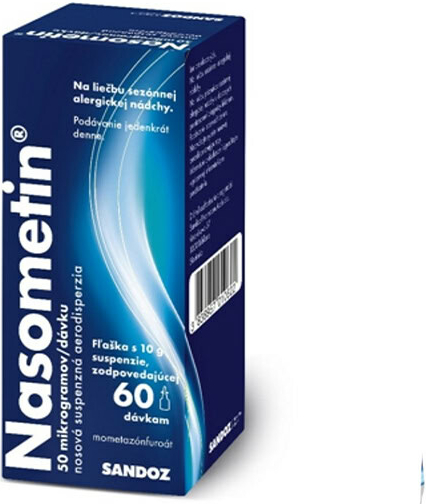 Nasometin 50 µg/dávku – aerózne sprej na nos, s 60 dávkami, pre efektívne a presné podanie lieku.