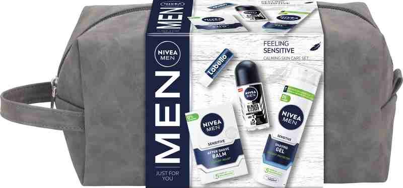 Nivea Men Feeling Sensitive darčekový set balzam po holení Men Sensitive 100 ml + gél na holenie Men Sensitive 200 ml + antiperspirant roll-on Black & White Invisible Original 50 ml