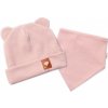 Baby Nellys Rebrovaná dvojvrstvová čiapka s uškami + šatka TEDDY - púdrová, 80/86, 80/86 (12-18m)