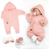 Baby Nellys Bavlnený oteplený overálok s kapucňou, rukavičky, topánky, 3D sada Nature - koral, 68, 68 (3-6m)