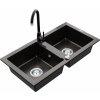 Dvojkomorový granitový drez MEXEN MARIO s kuchynskou batériou čierny so zlatým vzorom
