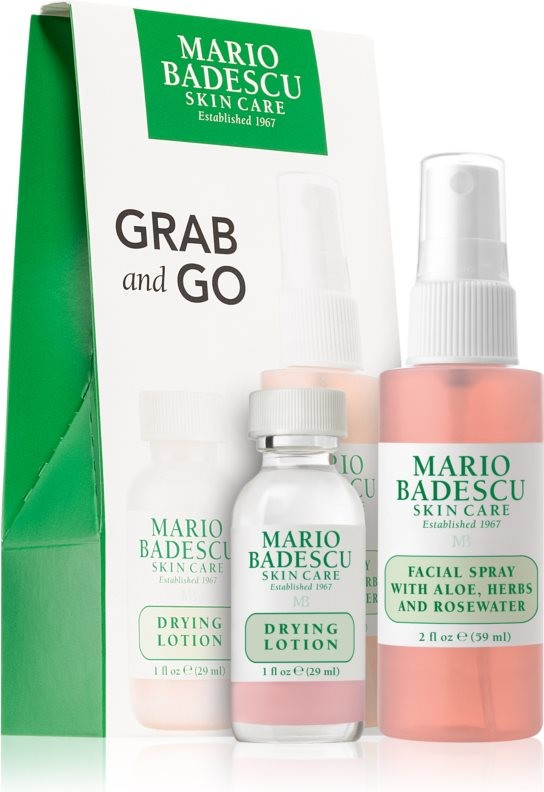 Mario Badescu Grab and Go Drying Lotion lokálna starostlivosť proti akné 29 ml + Facial Spray with Aloe, Herbs and Rosewater tonizačná pleťová hmla 59 ml darčeková sada