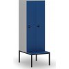 Drevená šatníková skrinka S4 s lavičkou, 2 oddiely, 1871 x 600 x 500/800 mm, demont, RFID zámok, sivá / modrá