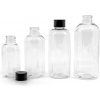 Plastová fľaša priehľadná okrúhla, čierny vrchnák, 100 ml