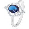 Šperky eshop - Strieborný prsteň 925, kontúra číreho lístka s oválnym tmavomodrým zirkónom HH14.2 - Veľkosť: 56 mm