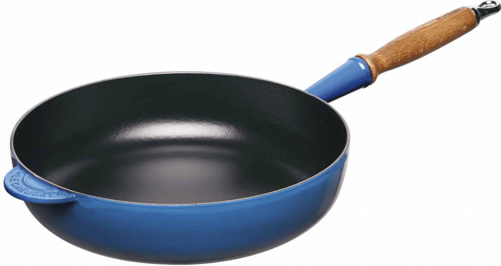 Le Creuset vysoká panvica na vyprážanie s drevenou rúčkou modrá 28 cm