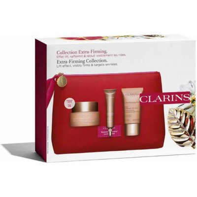 Clarins Extra-Firming denný liftingový krém proti vráskam 50 ml + liftingové spevňujúce sérum 10 ml + spevňujúci nočný krém s regeneračným účinkom 15 ml + kozmetická taštička, kozmetická sada pre ženy